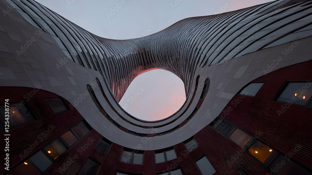 Fototapeta premium Modern building, sunset, courtyard, urban architecture, design