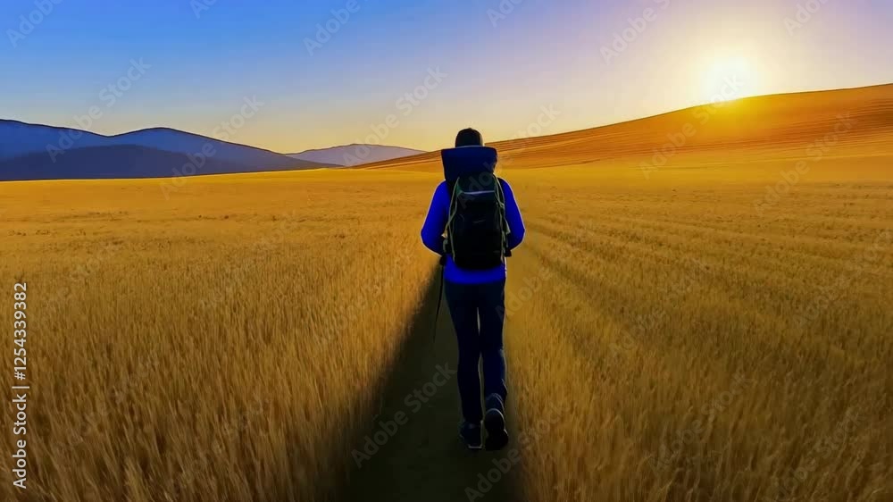 Serene and Peaceful Person Walking Through Golden Wheat Field at Sunrise, Highlighting Beauty of Nature and Landscape with Warm Glow