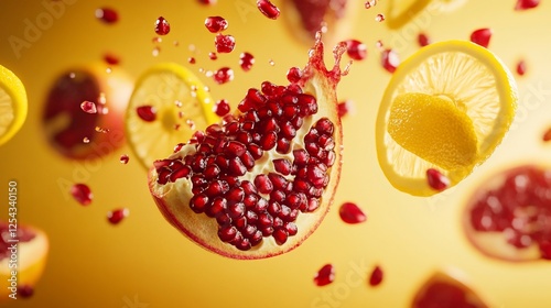 A vibrant and dynamic image of a pomegranate slice bursting with ruby red seeds and lemon slices floating against a yellow background