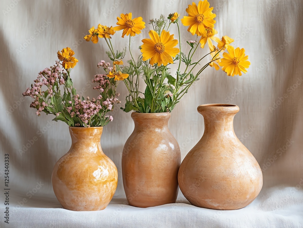 Sunlit Yellow Cosmos in Rustic Earthenware Vases