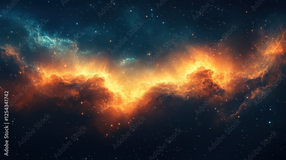 Naklejka premium Cosmic Nebula Fiery clouds in space, star backdrop, science background