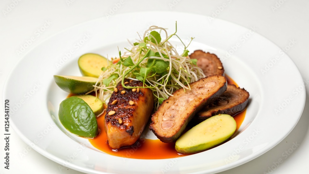 Gourmet Seared Scallops with Spiced Meat Roulade and Microgreens Gourmet Seared Scallops with Spiced Meat Roulade and Microgreens