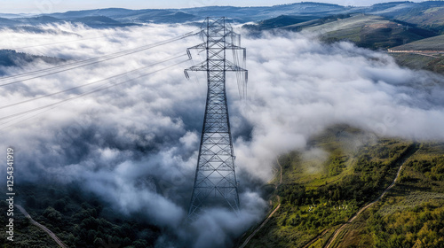 Aerial view of a power transmission tower rising above a foggy landscape in a mountainous region