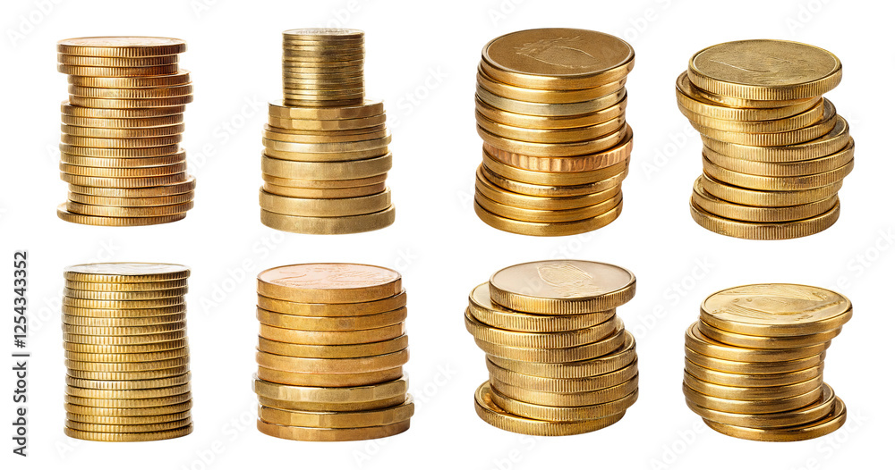 Stacked Gold Coins in Various Arrangements on White Background, isolated on transparent background Stacked Gold Coins in Various Arrangements on White Background, isolated on transparent background