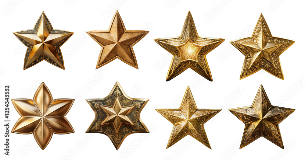 Obraz premium Decorative golden stars in various styles and designs for backgrounds, isolated on transparent background