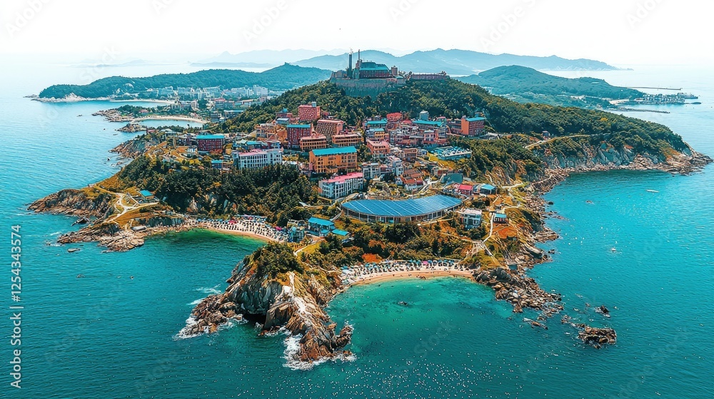 Fototapeta premium Coastal Town Nestled On A Picturesque Island Hilltop