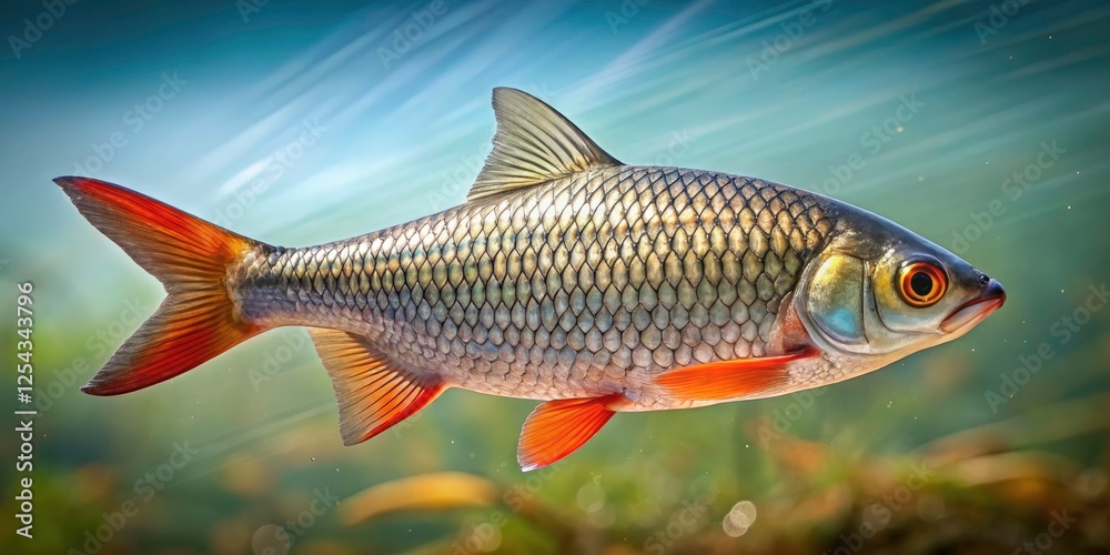 Stunning Product Photography of Rutilus rutilus - A Captivating Single Roach Fish in Clear Water, Showcasing Its Shimmering Scales and Natural Habitat for Accurate Representation Stunning Product Photography of Rutilus rutilus - A Captivating Single Roach Fish in Clear Water, Showcasing Its Shimmering Scales and Natural Habitat for Accurate Representation