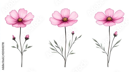 Wallpaper Mural Three delicate pink flowers with green leaves on a white background, ideal for botanical designs Torontodigital.ca