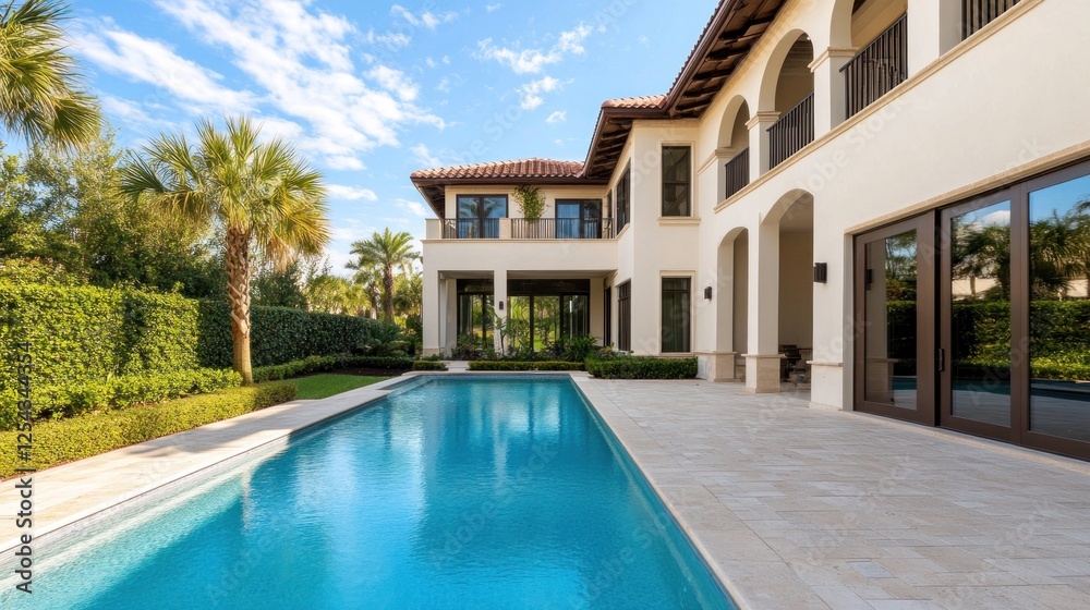 Fototapeta premium Luxurious villa with a serene swimming pool and beautiful landscaping under a blue sky.