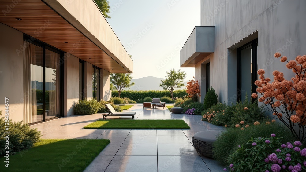 Modern rooftop garden with lush greenery, water feature, and mountain view Modern rooftop garden with lush greenery, water feature, and mountain view