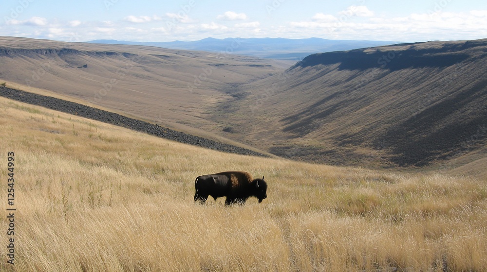 Bison grazing canyon grassland vista, autumn Bison grazing canyon grassland vista, autumn