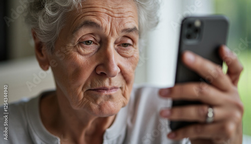 Elderly woman focused on smartphone indoors