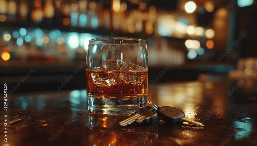 Don't Drink and Drive: A Glass of Whiskey and Car Keys on a Bar Counter Don't Drink and Drive: A Glass of Whiskey and Car Keys on a Bar Counter