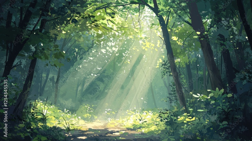 Obraz premium Sunbeams Through a Lush Green Forest