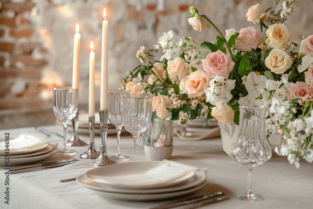 Elegant festive dining table adorned with glowing candles and fresh flowers for a special gathering. Generative AI Elegant festive dining table adorned with glowing candles and fresh flowers for a special gathering. Generative AI
