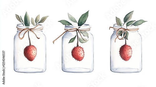 Three glass jars containing red lychee fruits with green leaves, tied with twine, on a white background