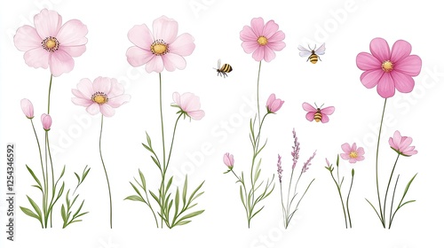 Delicate pink flowers with bees in a serene garden setting, showcasing nature's beauty