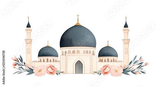Elegant watercolor illustration of a mosque with floral accents and a serene background