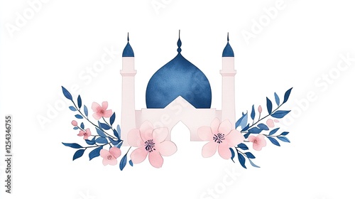 A watercolor illustration of a majestic mosque surrounded by blooming flowers and greenery
