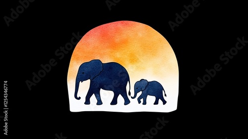 Silhouette of an adult and baby elephant walking against a colorful sunset backdrop