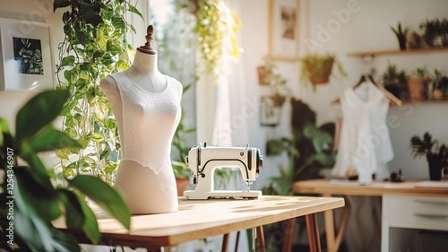 Stylish Fashion Design Workspace Studio with Dress Form and Sewing Machine and Lush Greenery in Sewing Room