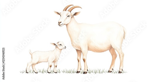 Illustration of a mother goat and her kid standing in a grassy field, showcasing their bond and natural habitat