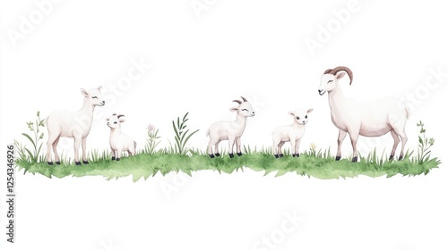 A serene illustration of a family of goats grazing in a lush green meadow with wildflowers