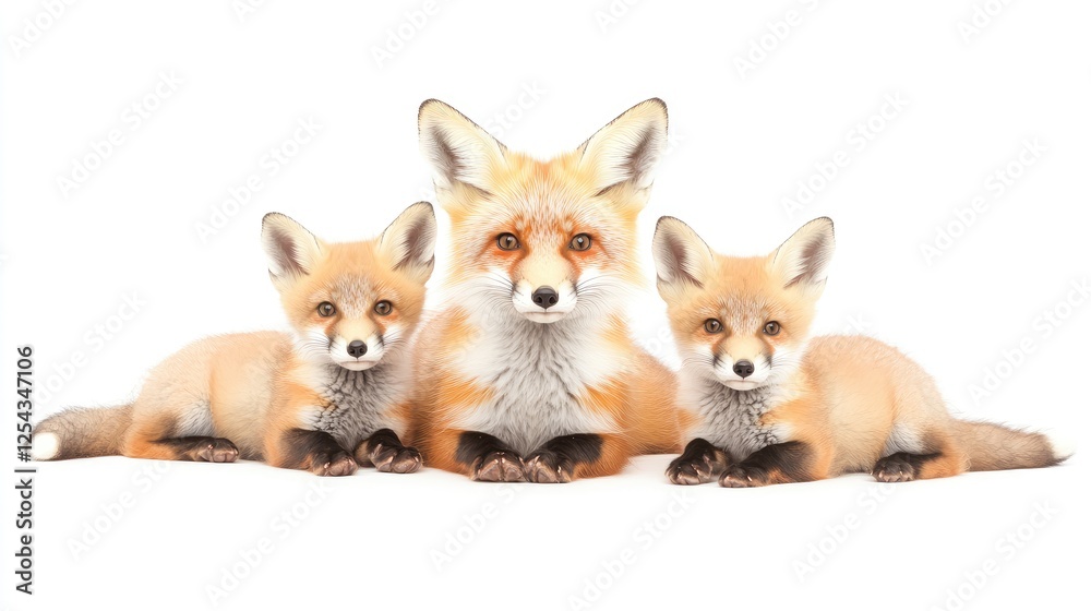 Three adorable red foxes sitting together with a white background, showcasing their playful nature Three adorable red foxes sitting together with a white background, showcasing their playful nature