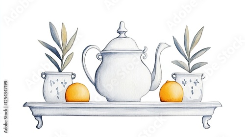Elegant still life featuring a white teapot, citrus fruits, and potted plants on a shelf