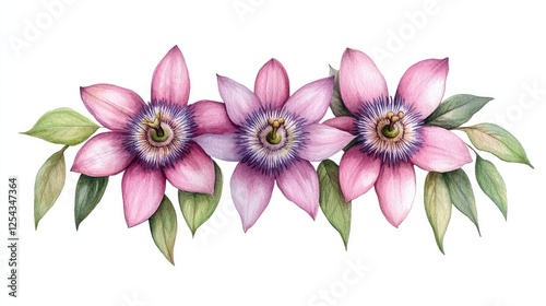 Three vibrant pink passion flowers with delicate leaves arranged elegantly on a white background