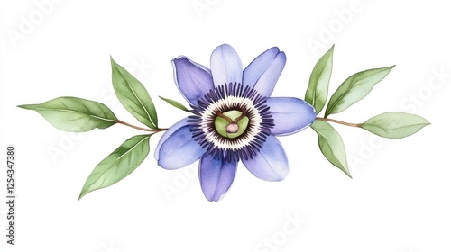 Beautiful watercolor illustration of a passion flower with green leaves on a white background