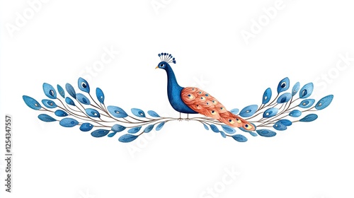 Colorful peacock perched on a decorative branch, showcasing vibrant feathers against a white backdrop