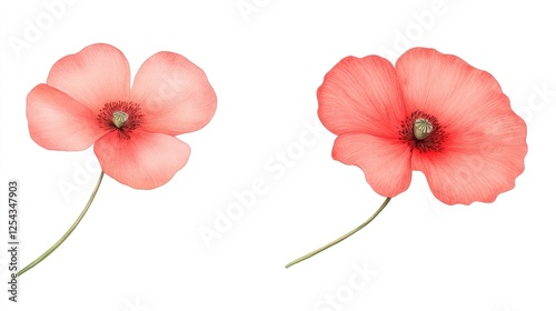 Two delicate pink flowers with soft petals on slender stems against a white background