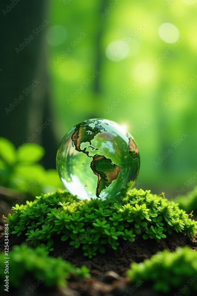 A Crystal Globe Rests Gently on Lush Green Vegetation, Symbolizing Environmental Harmony and the Interconnectedness of Nature and Our Planet A Crystal Globe Rests Gently on Lush Green Vegetation, Symbolizing Environmental Harmony and the Interconnectedness of Nature and Our Planet