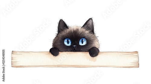 Cute Siamese cat with blue eyes peeking over a blank banner, perfect for customizable messages