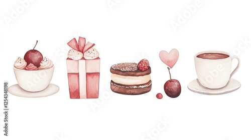 Sweet Treats and Gifts A Delicate Display of Desserts, Presents, and Beverages on a White Background