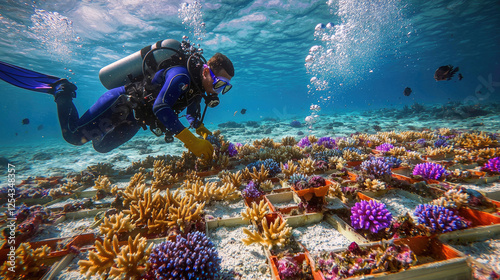 Diver planting colorful coral fragments on an underwater reef restoration site