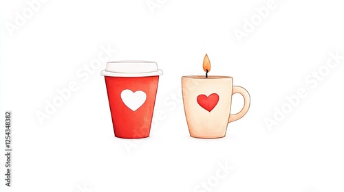 Two heart-themed items, a coffee cup and a candle, set against a simple background, evoking warmth