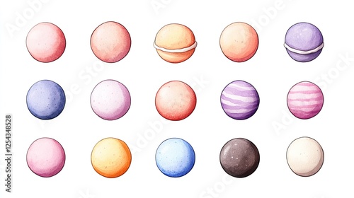Colorful assortment of macarons arranged in a grid, showcasing various flavors and designs