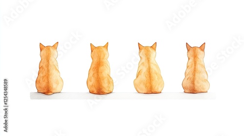 Four orange cats sitting side by side on a white ledge, looking away towards a bright background