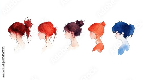 A series of artistic profiles showcasing diverse hair colors and styles in a minimalist setting