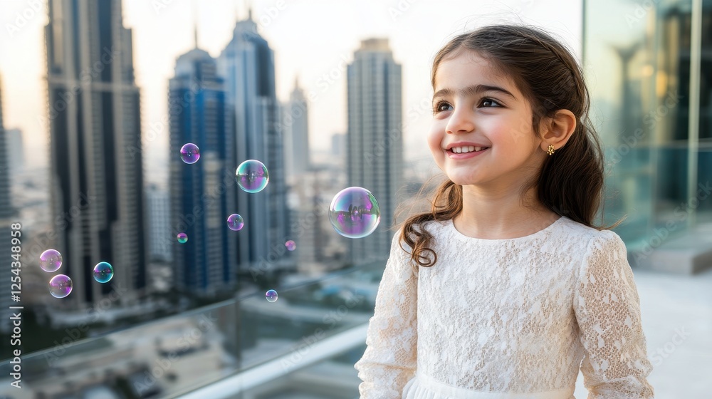 Fototapeta premium A young girl enjoys the playful activity of blowing bubbles on a rooftop with a stunning city view