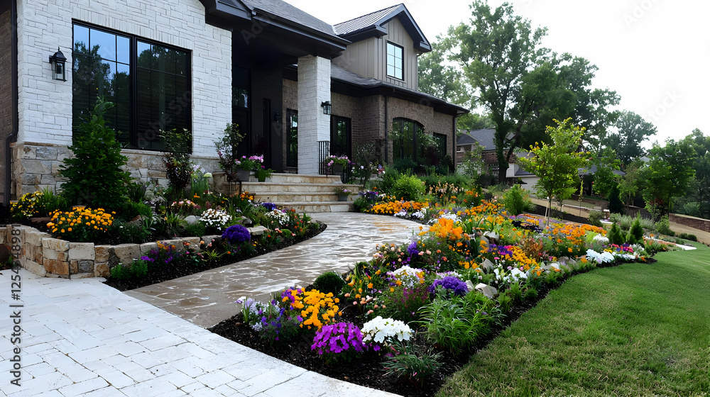 Naklejka premium Colorful flowers landscaping suburban home