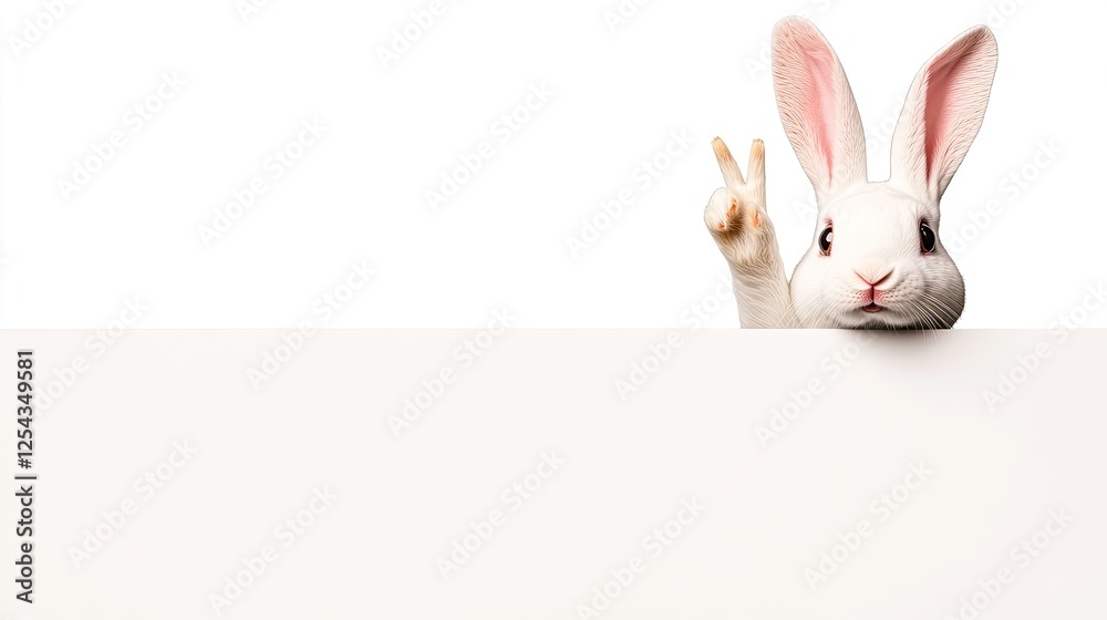 A playful white rabbit making a peace sign while peeking over a blank surface, ideal for lighthearted designs A playful white rabbit making a peace sign while peeking over a blank surface, ideal for lighthearted designs