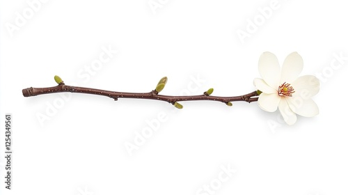 Delicate white flower on a slender branch with fresh green buds against a plain background