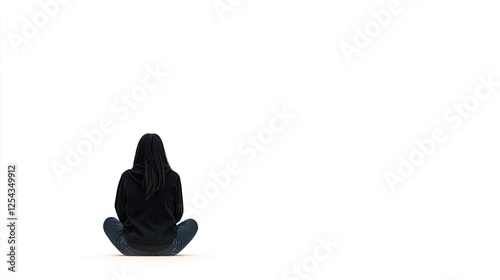 Woman sitting cross-legged in a minimalist space, reflecting in solitude with a serene atmosphere
