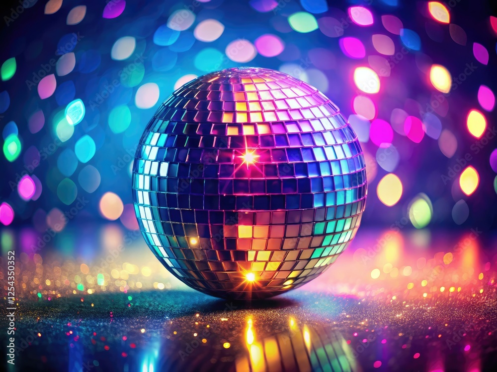 Obraz premium Glamorous 70s/80s retro party: disco ball's vibrant light reflects festive celebration.