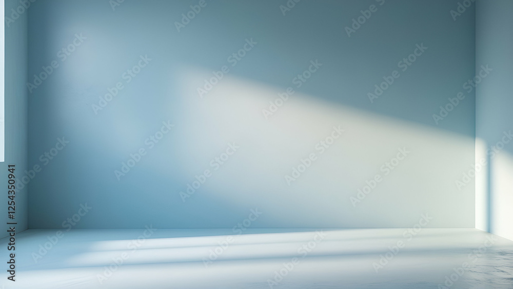 A minimalist studio room with soft light blue walls, smooth matte texture