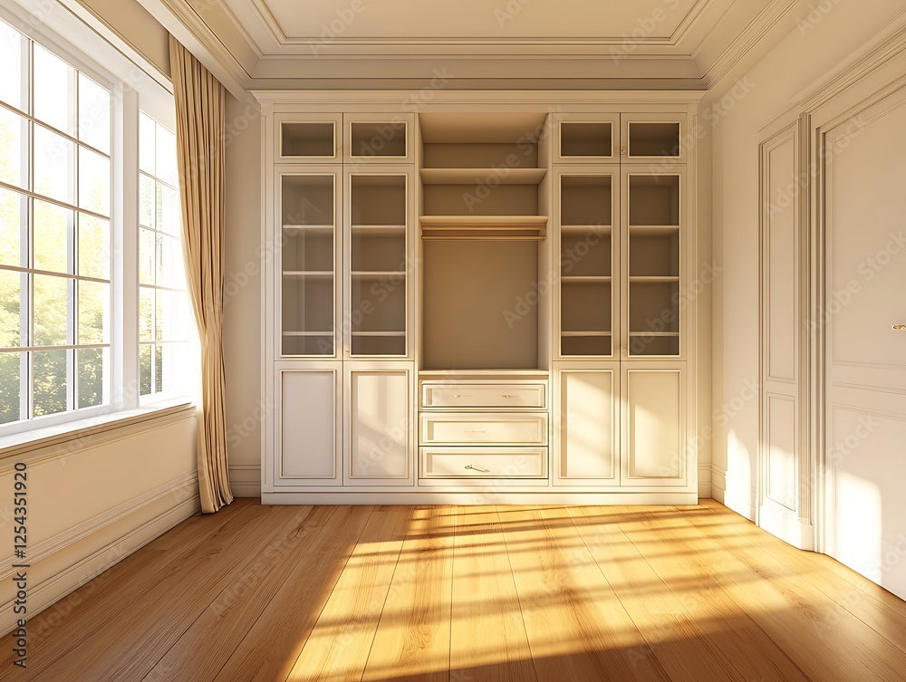 Obraz premium spacious bedroom with wardrobe and warm wooden floors