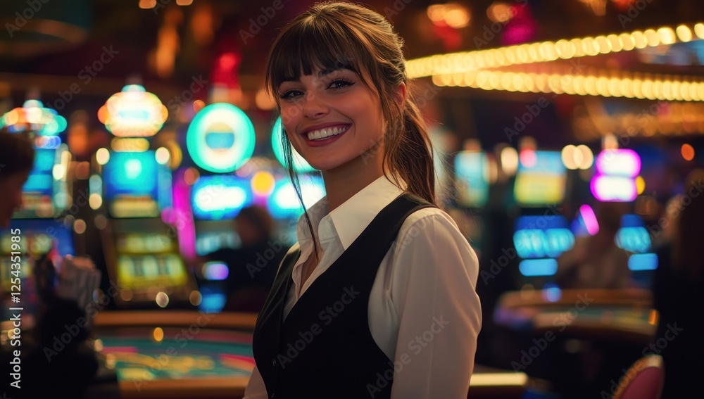 Fototapeta premium Smiling Casino Dealer Amidst the Glimmering Lights